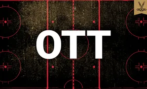 Red hockey rink with lines, circles, and hockey sticks graphic in the upper right corner.