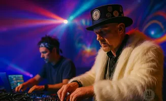 Two DJs performing in a club with colorful lights and a man in a white fur coat and top hat.