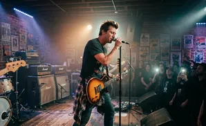 A male singer-guitarist performs on stage with his band, bathed in stage lights, as a crowd watches and records.