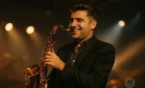 A man in a suit smiles while playing a saxophone.
