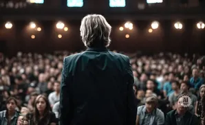 A person with blonde hair stands with their back to the camera, facing a large audience in a dimly lit room.