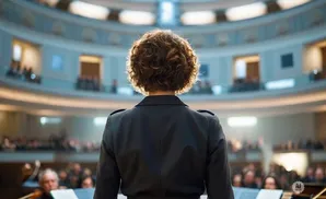 Conductor with curly hair faces an orchestra and audience in a grand concert hall.
