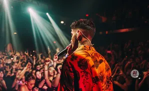 A performer sings into a microphone on a stage, illuminated by spotlights, with a cheering crowd visible in the background.