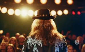 A performer with a cowboy hat and long blonde hair faces away from the camera on a stage, with a blurred audience in the background.