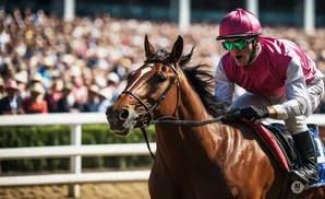 A jockey in a pink helmet and vest rides a brown horse at a race, with a blurred crowd in the background.