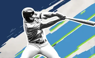 A baseball player in mid-swing against a vibrant blue and green background.
