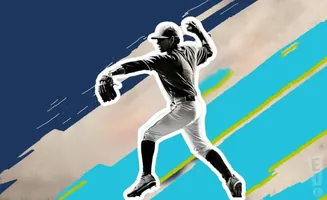 A baseball pitcher in mid-throw, depicted with a stylized, graphic background.