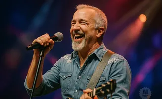 A man with gray hair and beard laughs while singing into a microphone, holding a guitar.