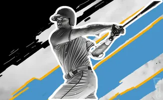 A baseball player swings a bat against a black and blue background with yellow accents.