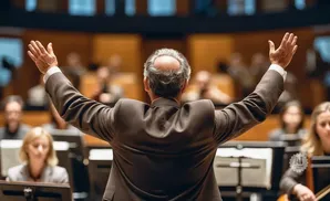 An orchestra conductor stands with arms raised, leading musicians in a concert hall.