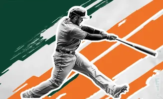 A baseball player swings a bat against a green, white, and orange abstract background.