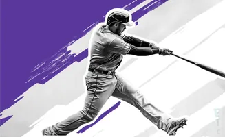 A baseball player swings a bat against a purple and white abstract background.