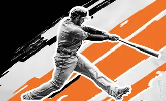 A baseball player swings a bat on a black and orange abstract background.