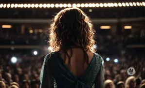 A woman with curly brown hair stands on stage in a teal dress, facing a large audience.