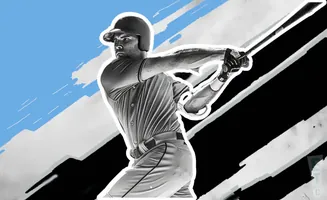 A baseball player swings a bat in a stylized, black and white image with a blue background.