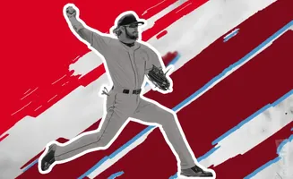 Baseball pitcher in mid-throw against a red and white striped background.