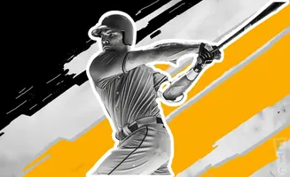 A baseball player swings a bat with a dynamic, graphic background.