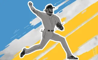 A baseball pitcher in a gray uniform winds up to throw, with bold blue and yellow brushstrokes behind him.