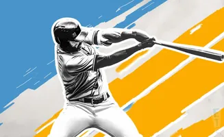 Illustration of a baseball player in mid-swing, with blue and orange abstract background.