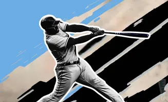 A baseball player swings at a bat against a backdrop of black and tan stripes and a blue sky.