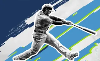 A baseball player swings a bat against a blue and white backdrop with green accents.