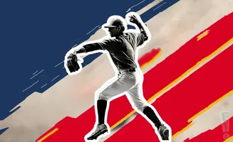 A baseball pitcher throws a ball against a red, white, and blue abstract background.