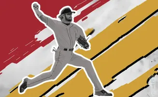 A baseball pitcher mid-throw with a red and yellow abstract background.