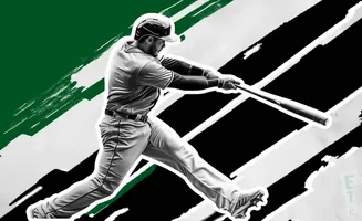 Baseball player swinging a bat, with a green and black abstract background.