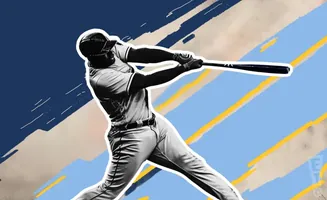 A baseball player swings a bat with a stylized background of blue and yellow streaks.