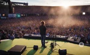 A musician stands on stage facing a large crowd at a stadium concert during sunset.