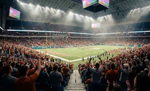 Fans cheer at a packed American football stadium with a game in progress on the green field.