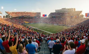 A panoramic view of a packed football stadium with fans in red and blue cheering.