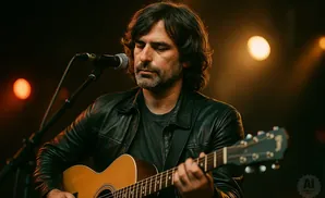 A man with dark, curly hair and a beard plays an acoustic guitar, looking down. He wears a black leather jacket.