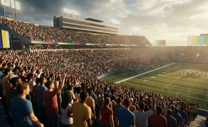 Crowd cheering at a football game in a stadium with large screens showing colorful test patterns.