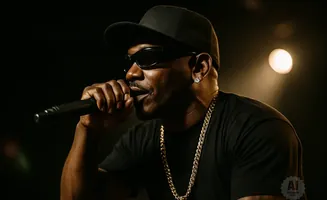 A Black man in a black t-shirt, sunglasses, and baseball cap raps into a microphone, wearing a gold chain and diamond earring.
