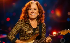 Bonnie Raitt plays guitar on stage wearing a leopard-print jacket.