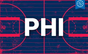 A stylized basketball court with red lines and hoops on a navy blue, textured background.
