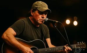 A man in a cap sings and plays an acoustic guitar in front of a microphone.