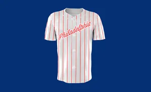 A white baseball jersey with red pinstripes and 