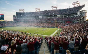 A football game in a packed stadium at night, with fans in the stands cheering and players on the field.