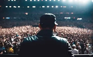 Man in a black cap and jacket facing a cheering crowd at a concert.