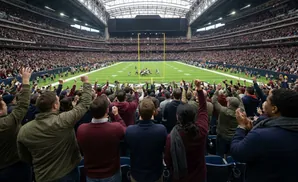 Fans cheer as a football game takes place in a packed stadium with a retractable roof.