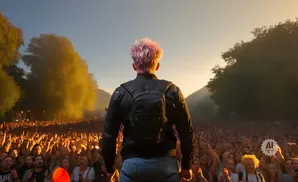 A person with pink hair stands on a stage facing a cheering crowd at an outdoor concert.
