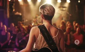 A musician with short, blonde hair plays guitar on stage in front of a blurry audience.