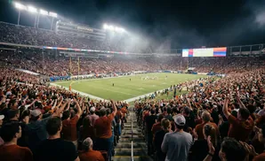 A crowded football stadium at night, with fans cheering under bright lights and players on the field.