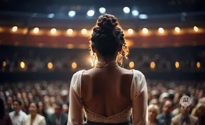 Woman with her back to the camera, wearing a white dress and elaborate updo, stands before a blurred audience in a theater.