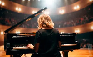 A pianist plays a grand piano on stage in front of a blurred audience.