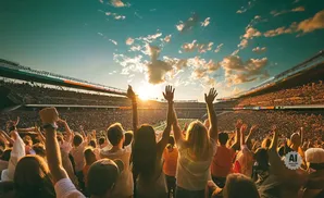 A crowded football stadium with fans in green and yellow cheering on the field.