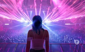 A woman stands before a large crowd at a concert, bathed in pink and purple stage lights.