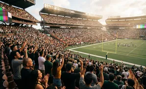 Fans cheer at a football game in a packed stadium, with players on the field under bright stadium lights.